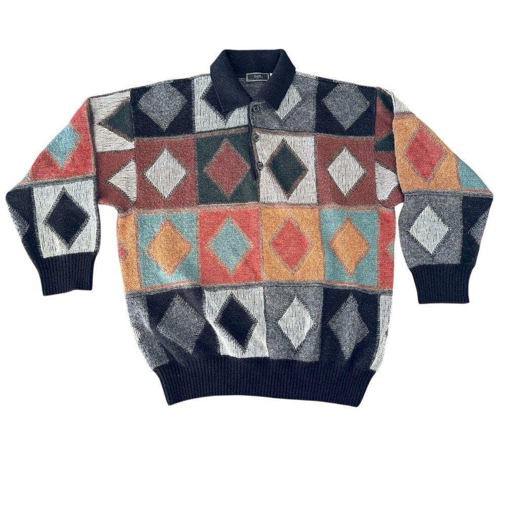 Raffi Vintage Men's Wool Alpaca 90's Retro Fall Winter Sweater Geometric Button